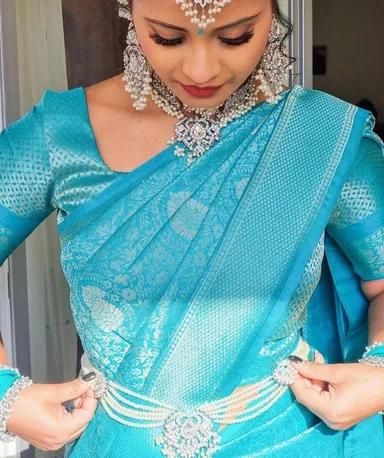 Kanchipuram Silk Jacquard Border Saree| Light Blue| Soft Lichi Silk| Wedding & Party Wear| Women’s Designer Saree thumbnail 2