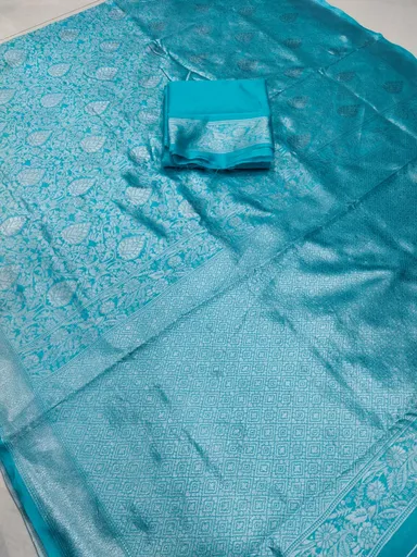 Kanchipuram Silk Jacquard Border Saree| Light Blue| Soft Lichi Silk| Wedding & Party Wear| Women’s Designer Saree thumbnail 3