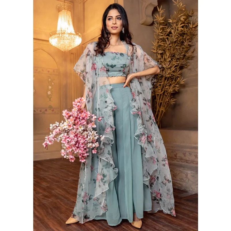 Women Grey Floral Top | Jacket | Palazzo Set Small | Comfortable Fit image 2