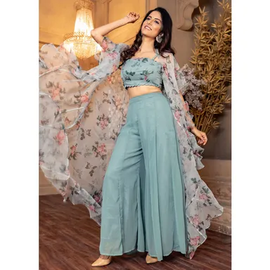 Women Grey Floral Top | Jacket | Palazzo Set Small | Comfortable Fit thumbnail 2