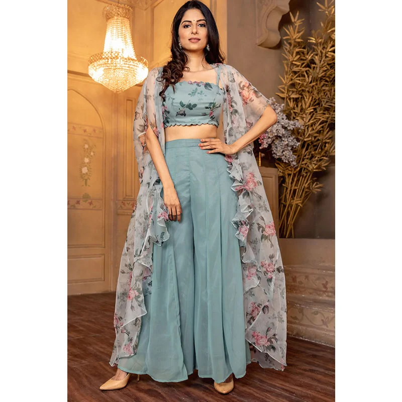 Women Grey Floral Top | Jacket | Palazzo Set Small | Comfortable Fit image 4