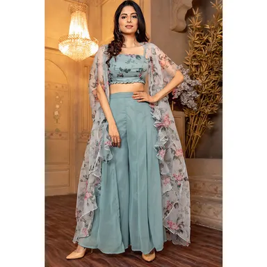 Women Grey Floral Top | Jacket | Palazzo Set Small | Comfortable Fit thumbnail 3