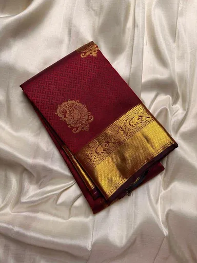 Soft Lichi Silk Jacquard Work Saree Maroon | Unstitched Blouse | Party / Wedding Ethnic Wear thumbnail 0