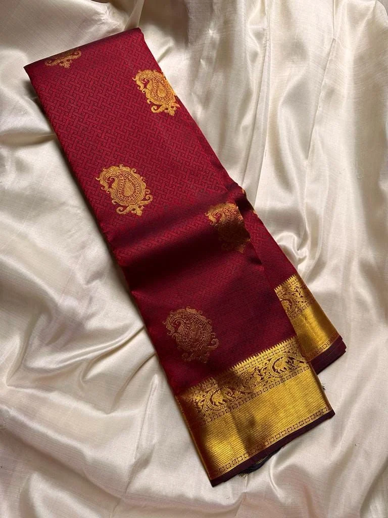 Soft Lichi Silk Jacquard Work Saree Maroon | Unstitched Blouse | Party / Wedding Ethnic Wear image 2