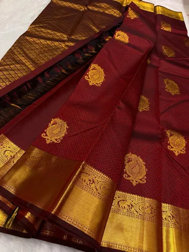 Soft Lichi Silk Jacquard Work Saree Maroon | Unstitched Blouse | Party / Wedding Ethnic Wear thumbnail 2