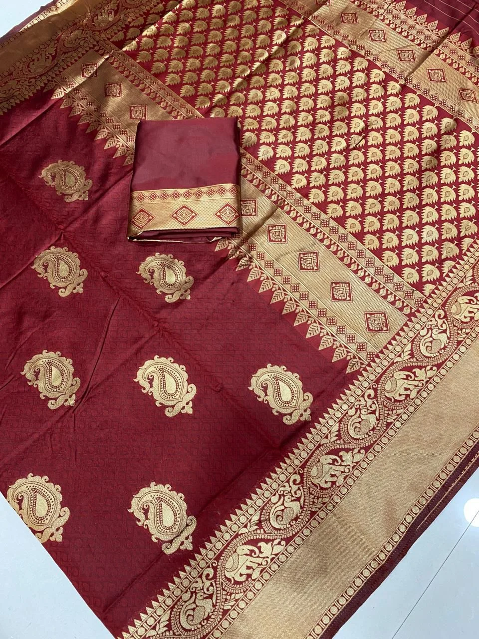 Soft Lichi Silk Jacquard Work Saree Maroon | Unstitched Blouse | Party / Wedding Ethnic Wear image 4