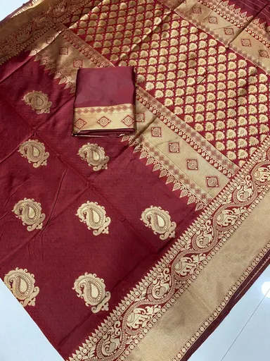 Soft Lichi Silk Jacquard Work Saree Maroon | Unstitched Blouse | Party / Wedding Ethnic Wear thumbnail 3