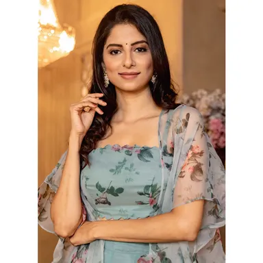 Women Grey Floral Top | Jacket & Palazzo Set | Medium | 3-Piece Floral Matching Ethnic Set thumbnail 2