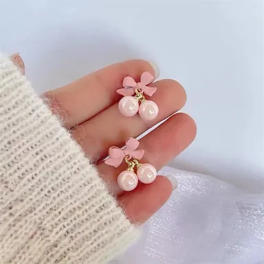 Boho Bloom Pink Pearl Bow N Shape Stud Earrings | Sweet Cutie, Lightweight, Trendy | Everyday Wear