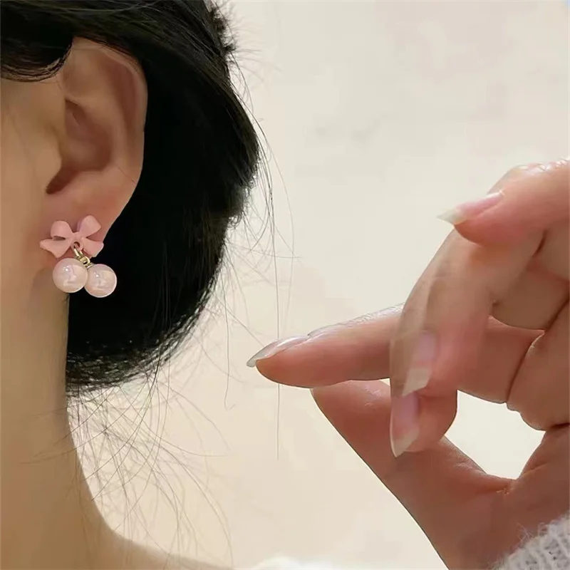 Boho Bloom Pink Pearl Bow N Shape Stud Earrings | Sweet Cutie, Lightweight, Trendy | Everyday Wear image 2