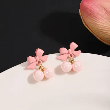 Boho Bloom Pink Pearl Bow N Shape Stud Earrings | Sweet Cutie, Lightweight, Trendy | Everyday Wear thumbnail 2