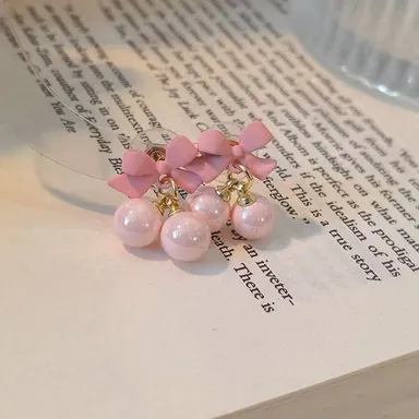 Boho Bloom Pink Pearl Bow N Shape Stud Earrings | Sweet Cutie, Lightweight, Trendy | Everyday Wear thumbnail 3