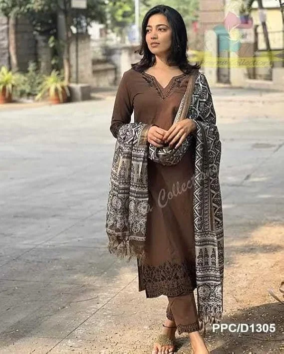 Women Pure Cotton Embroidery Straight Kurti Pant Dupatta Set | Brown XL | Daily & Festive Wear image 3