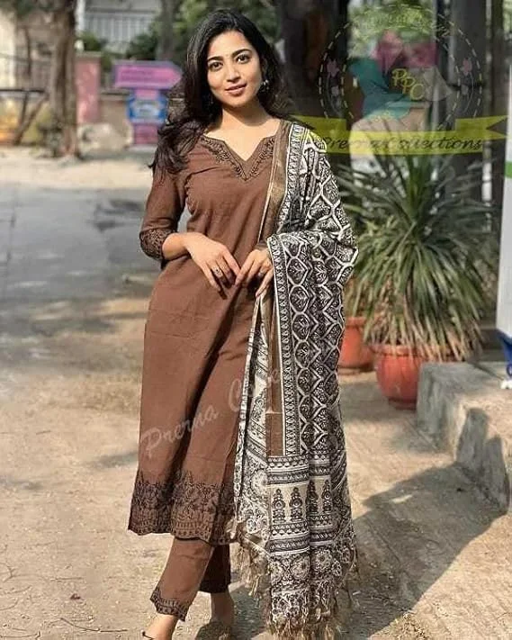 Women Pure Cotton Embroidery Kurti Set with Pant & Dupatta | Brown XXL Straight Ethnic Wear Kurta image 1