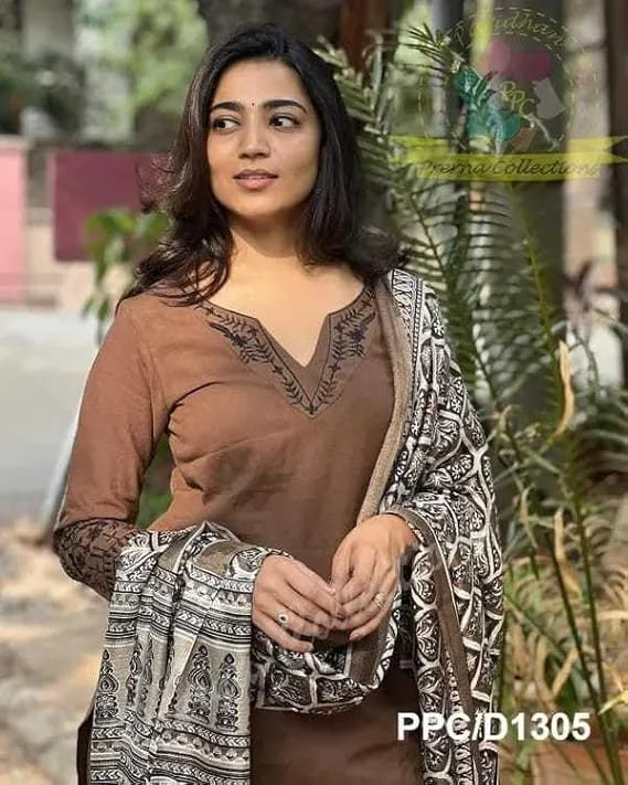 Women Pure Cotton Embroidery Kurti Set with Pant & Dupatta | Brown XXL Straight Ethnic Wear Kurta image 2