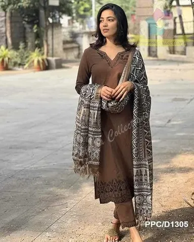 Women Pure Cotton Embroidery Kurti Set with Pant & Dupatta | Brown XXL Straight Ethnic Wear Kurta thumbnail 2