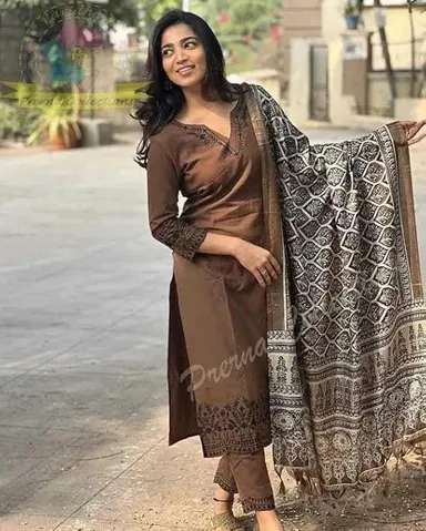 Women Pure Cotton Embroidery Kurti Set with Pant & Dupatta | Brown XXL Straight Ethnic Wear Kurta thumbnail 3