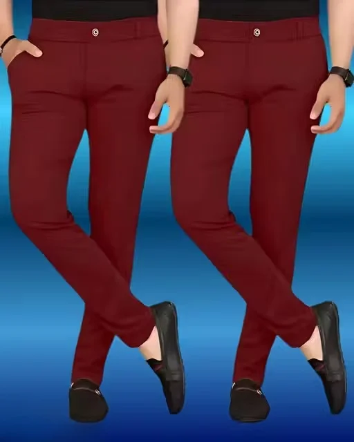 Pack of 2 Maroon Lycra Trousers M Size for Men | Wrinkle-Free Comfortable Daily Wear Pants image 1