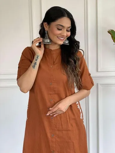 Women’s Cotton Embroidered | A-Line Kurti with Palazzo | Brown | Large Size | Ethnic Wear for Office, Party & Daily Use thumbnail 1