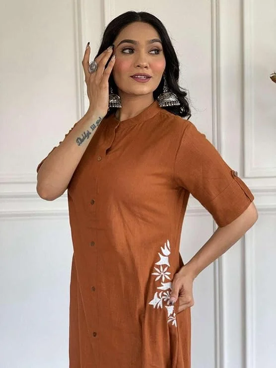 Women’s Cotton Embroidered | A-Line Kurti with Palazzo | Brown | XL Size | Ethnic Wear for Office, Party & Daily Use image 4