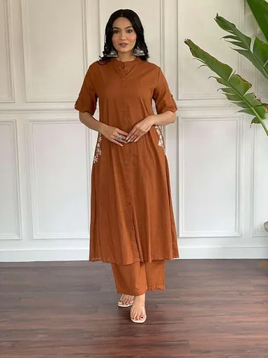 Women’s Cotton Embroidered | A-Line Kurti with Palazzo | Brown | XL Size | Ethnic Wear for Office, Party & Daily Use thumbnail 0