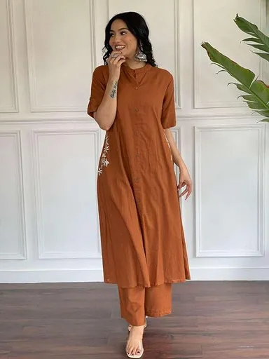 Women’s Cotton Embroidered | A-Line Kurti with Palazzo | Brown | XXL Size | Ethnic Wear for Office, Party & Daily Use thumbnail 2