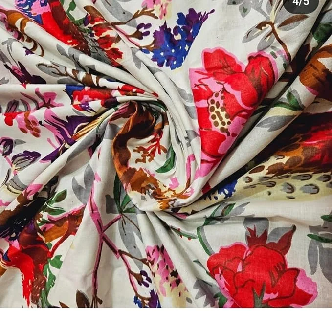 Pure Cotton Unstitched Fabric | Printed Dress Material for Women Kurti, Blouse, Palazzo, Saree, Lehenga | White 2.5 Meter Cloth Piece image 1