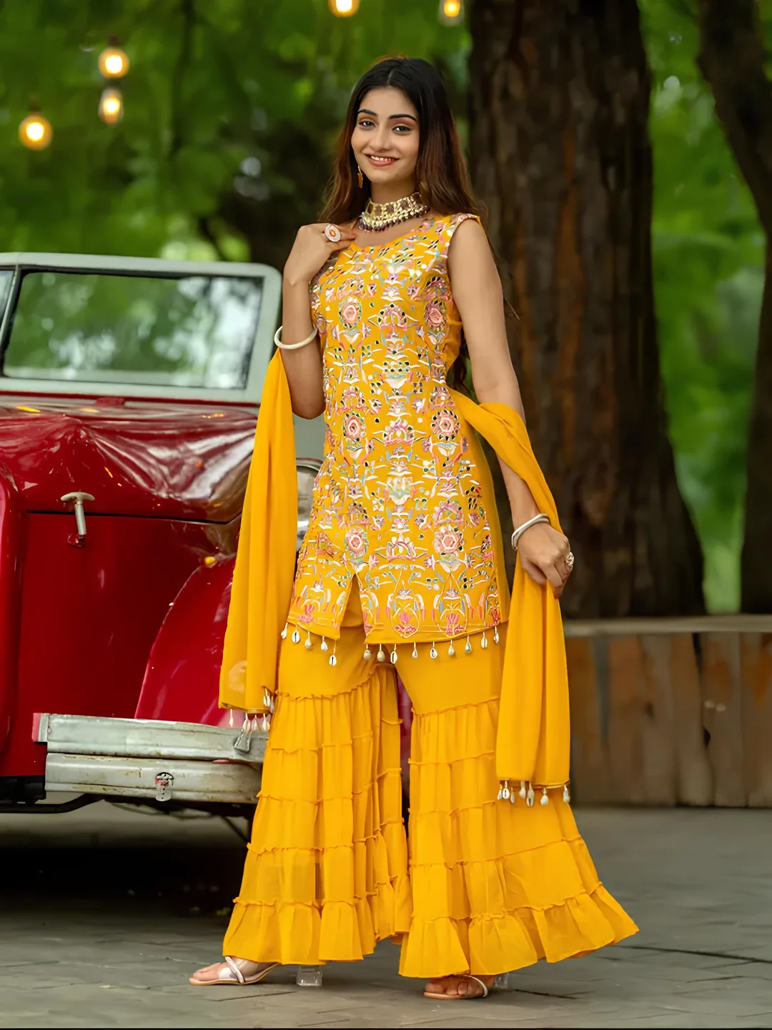 Yellow Embroidered Sharara Set for Haldi | Ruffle Palazzo Suit | Wedding Festive Wear Small image 1