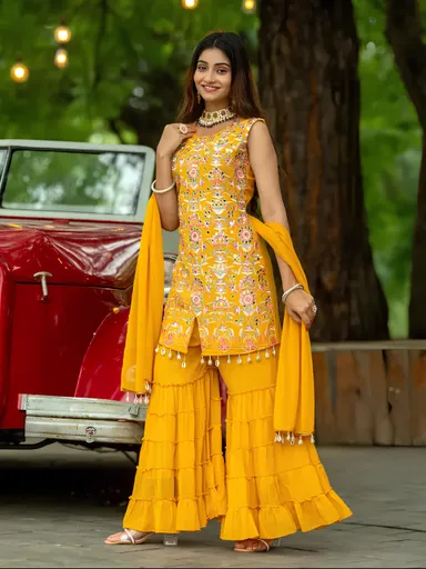 Yellow Embroidered Sharara Set for Haldi | Ruffle Palazzo Suit | Wedding Festive Wear Large thumbnail 0