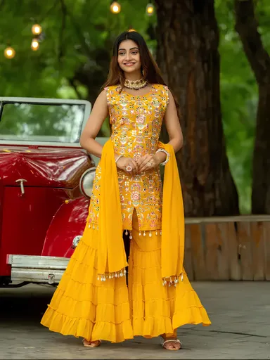Yellow Embroidered Sharara Set for Haldi | Ruffle Palazzo Suit | Wedding Festive Wear Large thumbnail 1