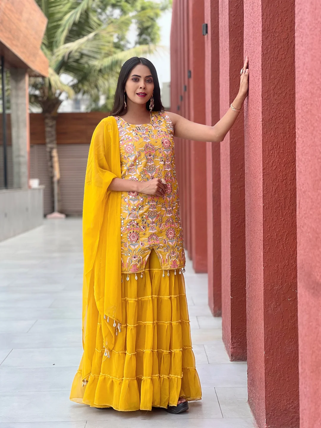 Yellow Embroidered Sharara Set for Haldi | Ruffle Palazzo Suit | Wedding Festive Wear XL image 1