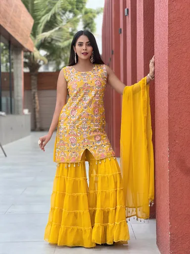 Yellow Embroidered Sharara Set for Haldi | Ruffle Palazzo Suit | Wedding Festive Wear XL thumbnail 1