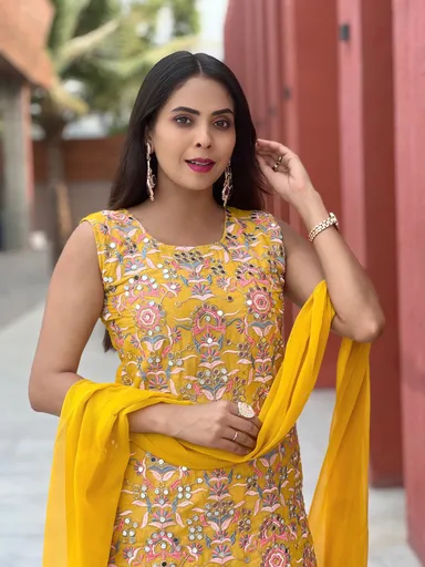 Yellow Embroidered Sharara Set for Haldi | Ruffle Palazzo Suit for Wedding | Festive Wear XXL thumbnail 2