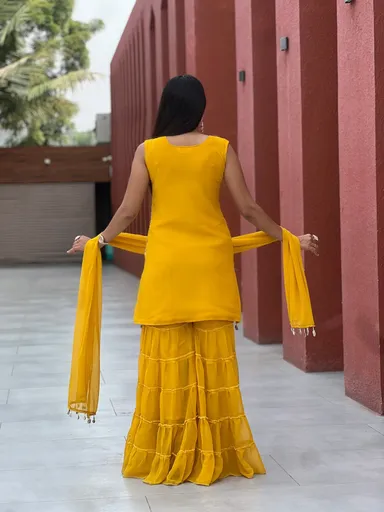 Yellow Embroidered Sharara Set for Haldi | Ruffle Palazzo Suit for Wedding | Festive Wear XXL thumbnail 3