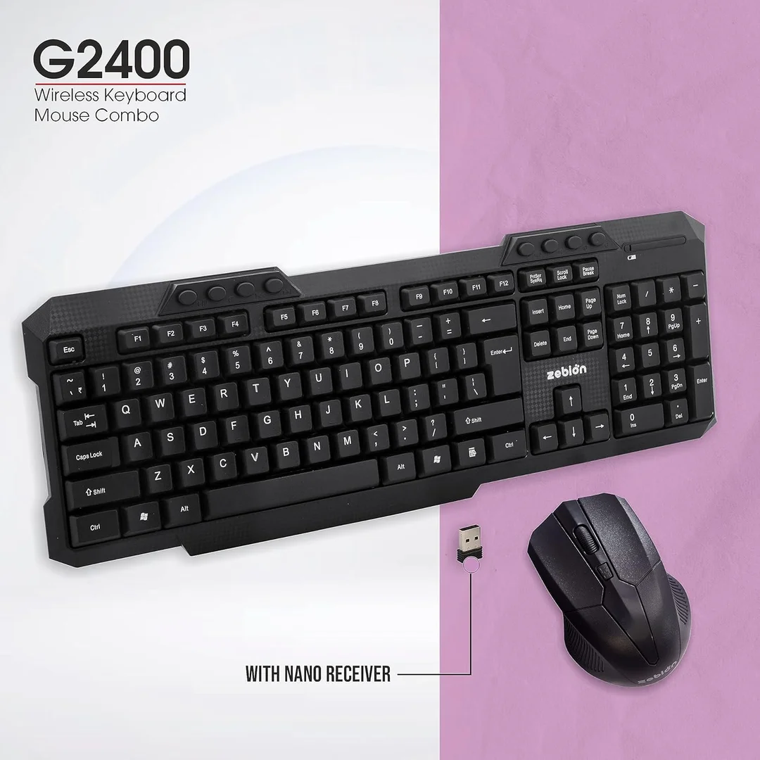 ZEBION G2400 Wireless Keyboard & Mouse Combo – 2.4 GHz USB Nano Receiver, Adjustable DPI, Multimedia Keys, Ergonomic Design (Black) image 2