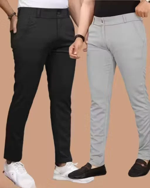 Men’s Lycra Trouser Combo Pack | Black & Light Grey Pants | Solid Pattern Slim Fit 34 Size image 3
