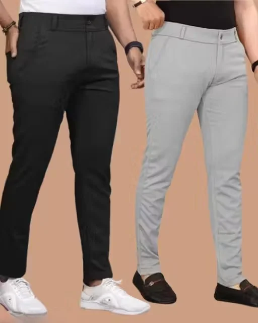 Men’s Lycra Trouser Combo Pack | Black & Light Grey Pants | Solid Pattern Slim Fit 34 Size image 2
