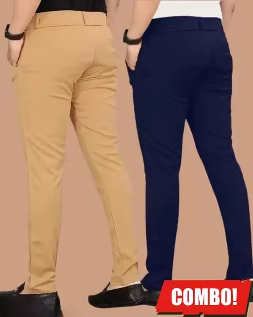 Men’s Lycra Trouser Combo | Khaki & Navy Blue Pack of 2 | Slim Fit Pants Size 30 image 2