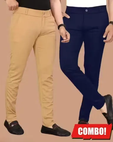 Men’s Lycra Trouser Combo Pack | Khaki & Navy Blue Solid Slim Fit Pants Size 32
