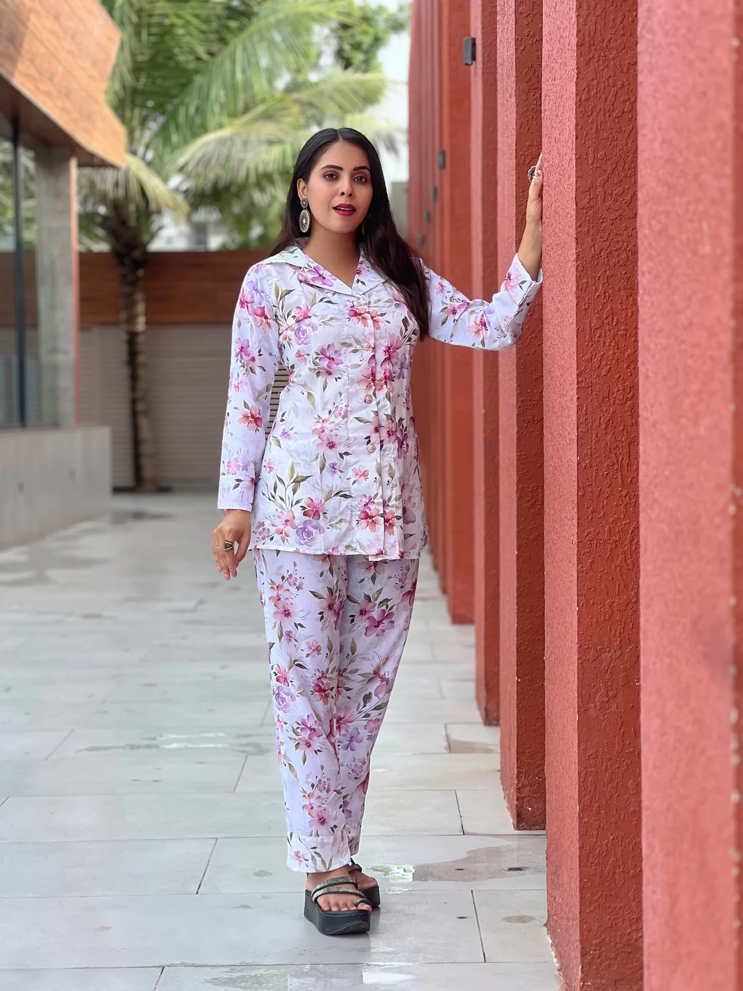 Elegant Pastel Floral Cotton Co-Ord Set for Women Matching Two-Piece Summer Outfit with Printed Top and Trousers Comfortable Casual Wear in Large Sizes image 1