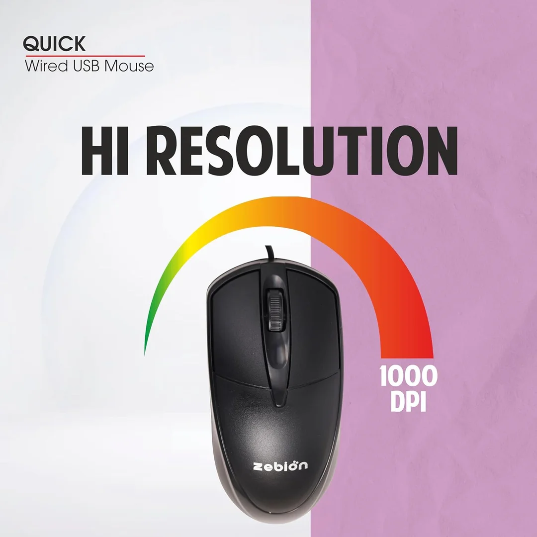 Zebion Quick Wired Mouse 1000 DPI | Ergonomic Optical USB Mouse for PC & Laptop with Smooth Tracking & Comfortable Daily Use image 3