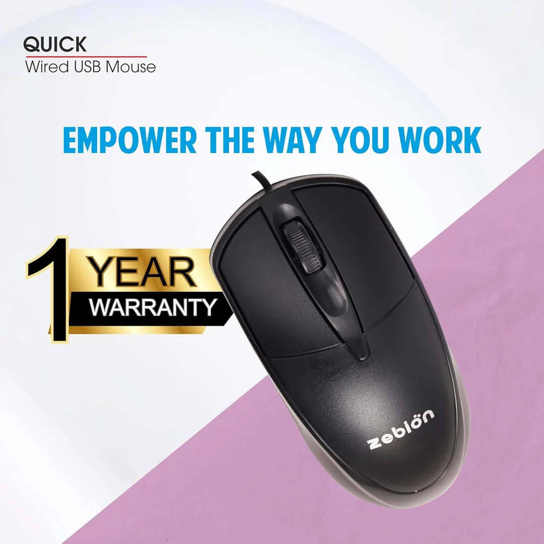 Zebion Quick Wired Mouse 1000 DPI | Ergonomic Optical USB Mouse for PC & Laptop with Smooth Tracking & Comfortable Daily Use image 4