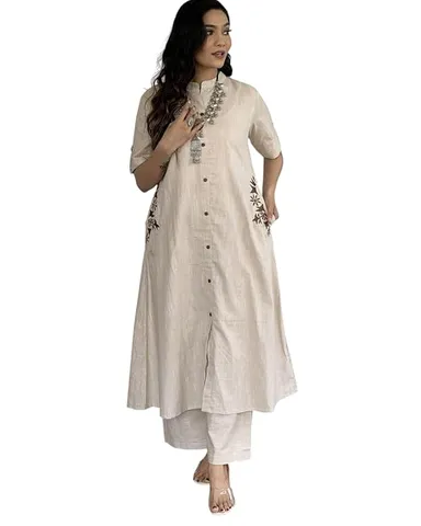 Women’s A-Line Cotton Kurti with Palazzo Set | Cream, Large | Elegant Ethnic Wear for Work & Parties thumbnail 3
