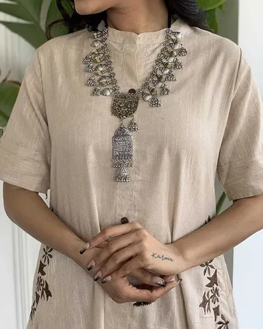 Women’s Cream Cotton A Line Kurti with Palazzo | XL | Trendy and Comfortable Ethnic Wear for All Occasions thumbnail 1