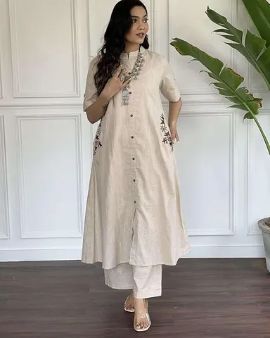 Women’s Cream Cotton A Line Kurti with Palazzo | XL | Trendy and Comfortable Ethnic Wear for All Occasions thumbnail 2