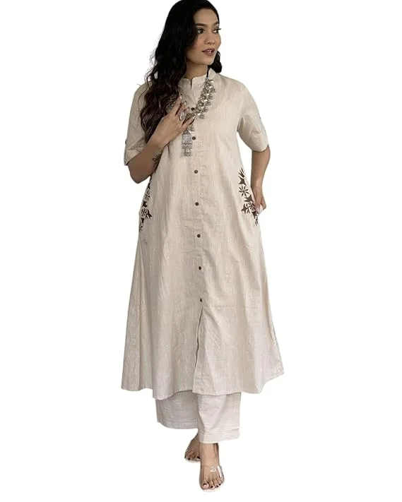 Women’s Cream Cotton A Line Kurti with Palazzo | XL | Trendy and Comfortable Ethnic Wear for All Occasions image 4