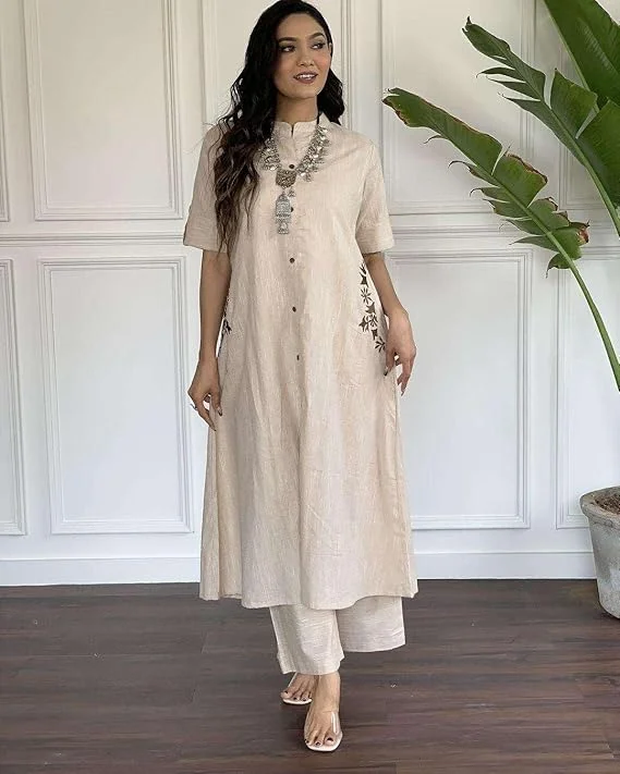 Women’s Cream Cotton A Line Kurti with Palazzo | XL | Trendy and Comfortable Ethnic Wear for All Occasions image 1