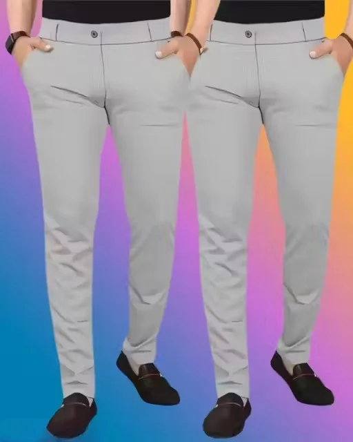 Men’s Silver Grey Lycra Trousers Pack of 2 | Slim Fit Wrinkle-Free Pants L Size image 1