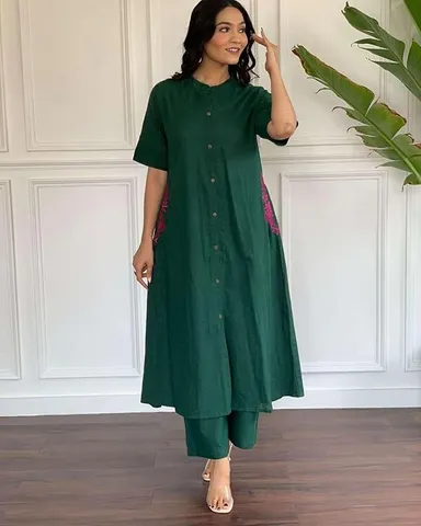 Women’s Cotton Embroidered | A-Line Kurti with Palazzo | Green | Medium Size | Ethnic Wear for Daily| Party & Office thumbnail 1