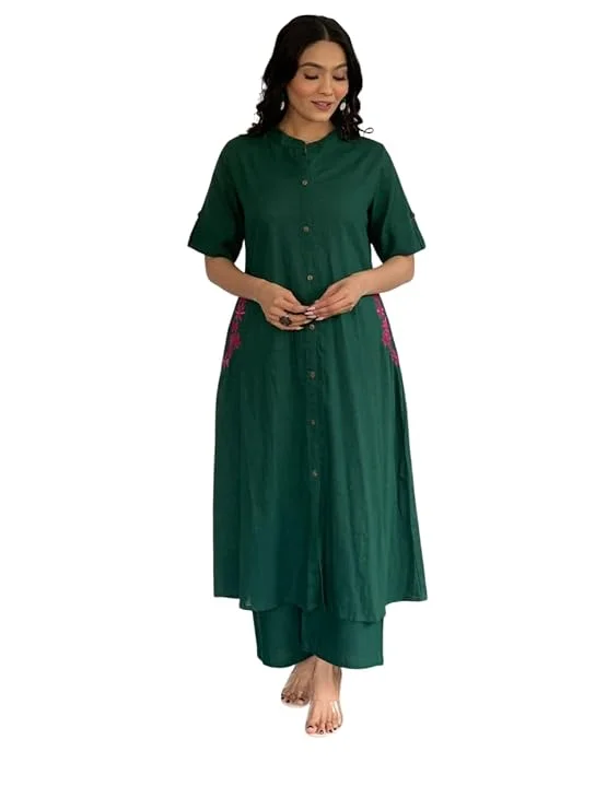 Women’s Cotton Embroidered | A-Line Kurti with Palazzo | Green | Medium Size | Ethnic Wear for Daily| Party & Office image 3